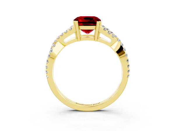 Yellow gold Cushion Cut Ruby Solitaire Ring with Four-Prong Setting and Twisted Pavé Band