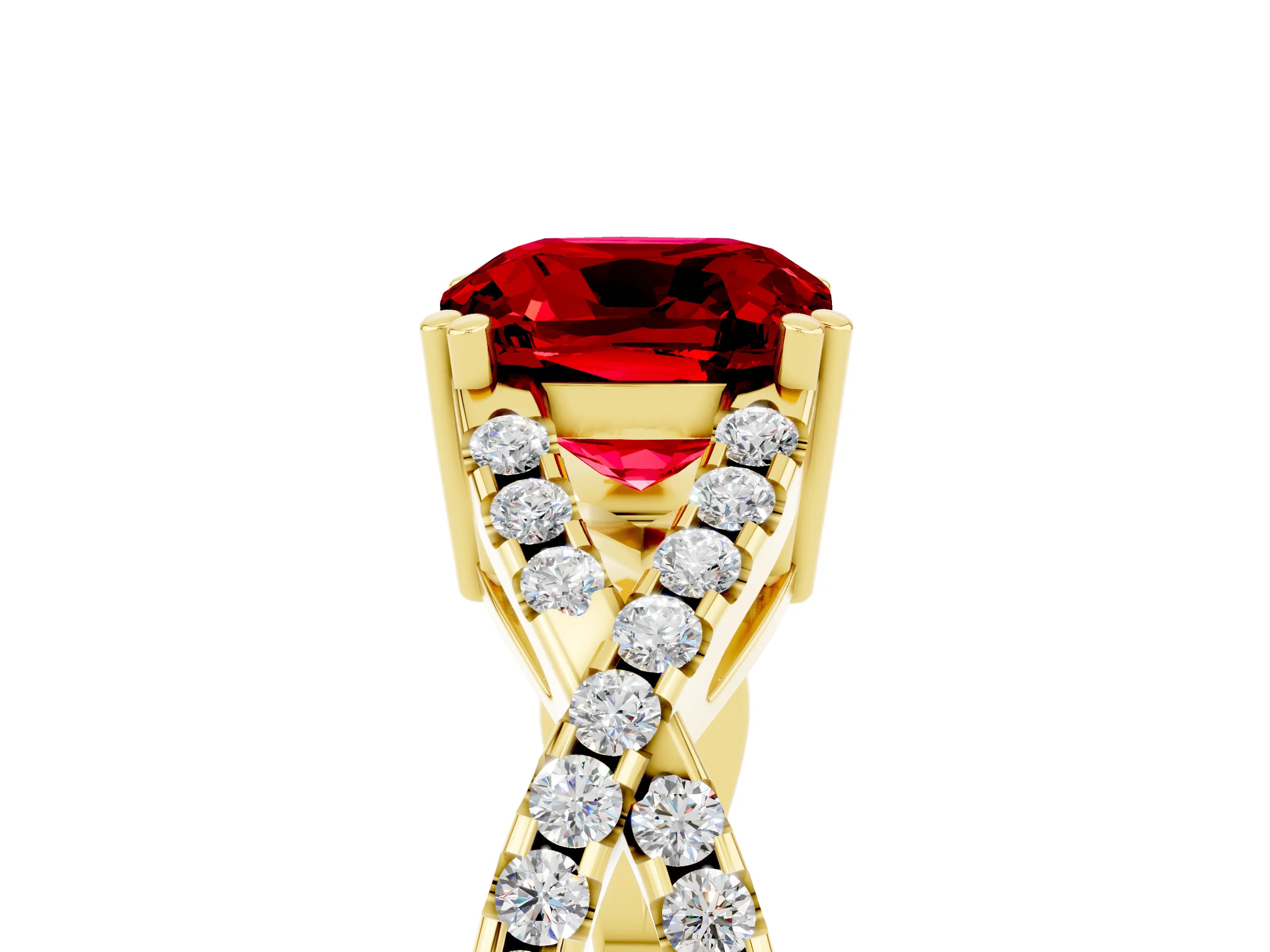 Yellow gold Cushion Cut Ruby Solitaire Ring with Four-Prong Setting and Twisted Pavé Band_5