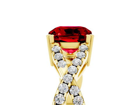 Yellow gold Cushion Cut Ruby Solitaire Ring with Four-Prong Setting and Twisted Pavé Band_5