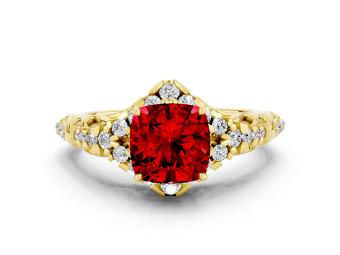 Yellow gold Cushion Cut Ruby Solitaire Ring with Hidden Halo and Pavé Band_12