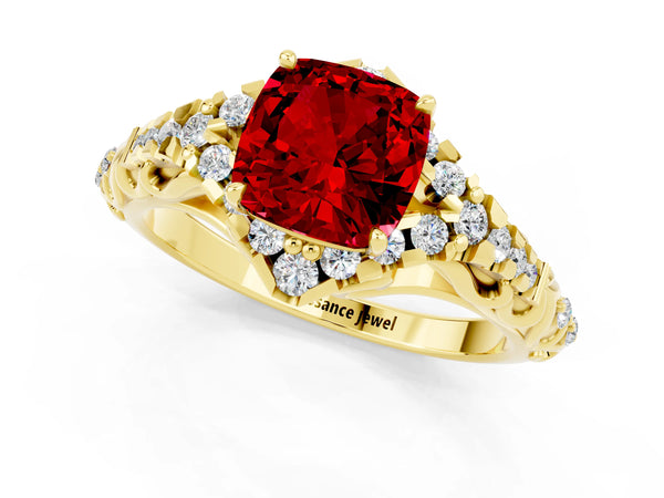 Yellow gold Cushion Cut Ruby Solitaire Ring with Hidden Halo and Pavé Band