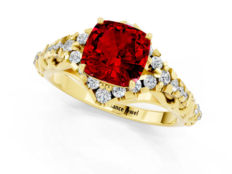 Yellow gold Cushion Cut Ruby Solitaire Ring with Hidden Halo and Pavé Band_13