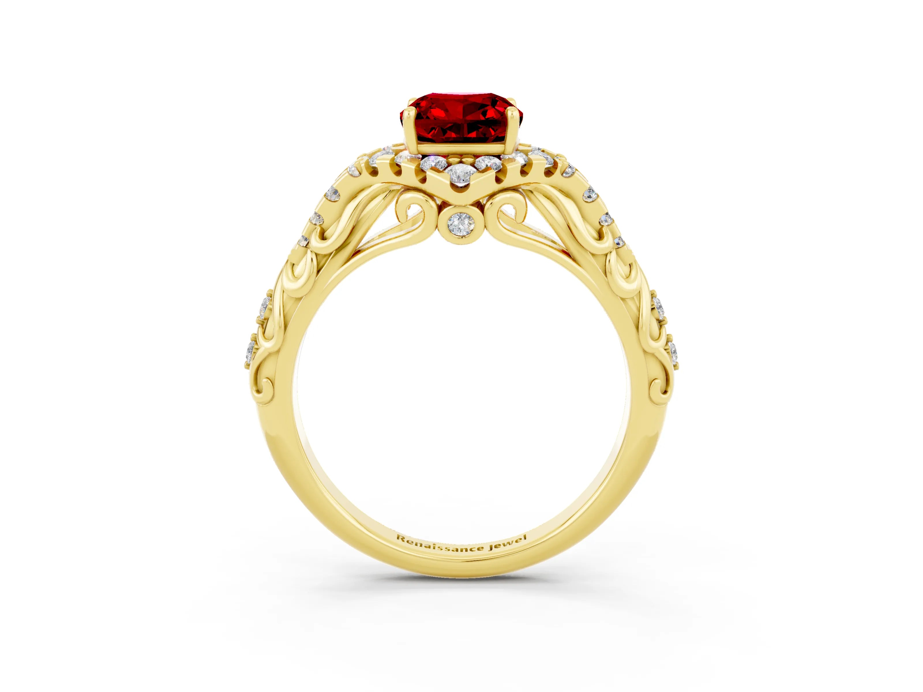 Yellow gold Cushion Cut Ruby Solitaire Ring with Hidden Halo and Pavé Band_15