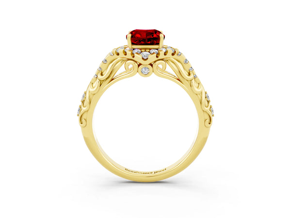 Yellow gold Cushion Cut Ruby Solitaire Ring with Hidden Halo and Pavé Band