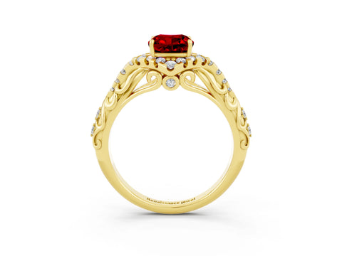 Yellow gold Cushion Cut Ruby Solitaire Ring with Hidden Halo and Pavé Band_15