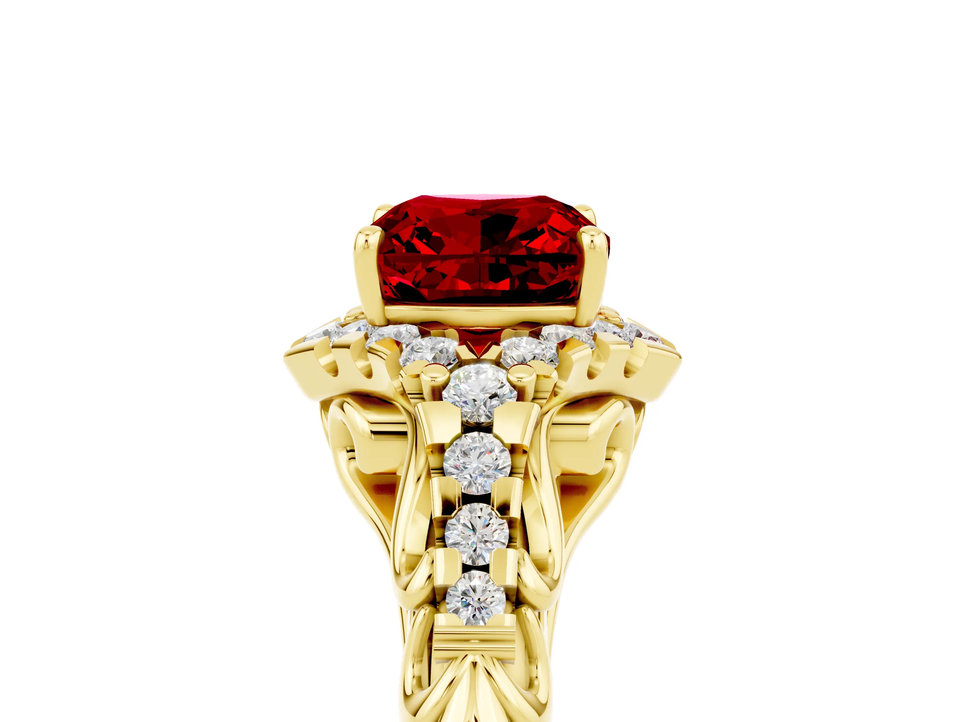 Yellow gold Cushion Cut Ruby Solitaire Ring with Hidden Halo and Pavé Band_17
