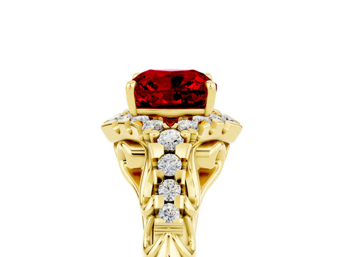 Yellow gold Cushion Cut Ruby Solitaire Ring with Hidden Halo and Pavé Band_17