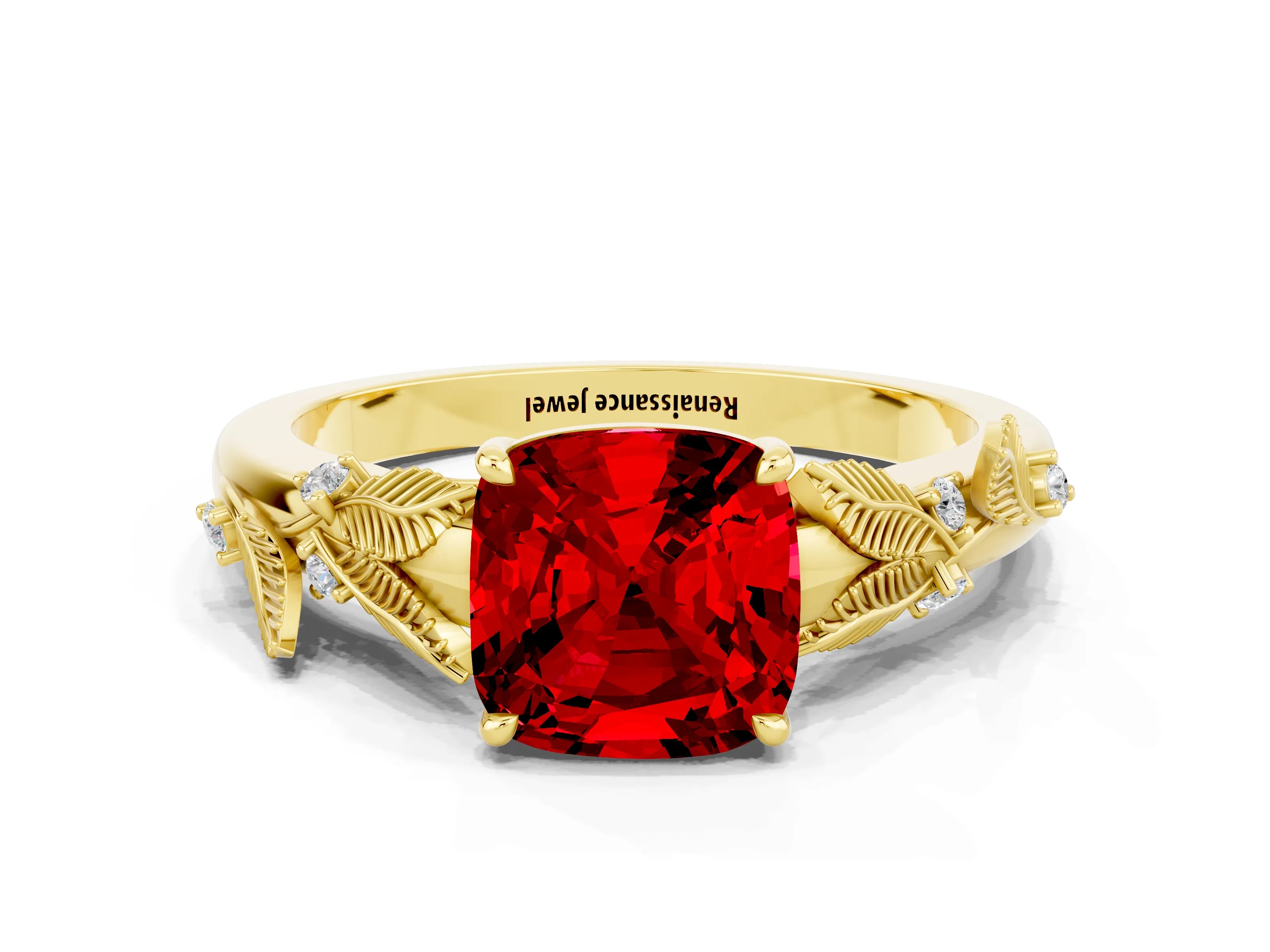 Yellow gold Cushion Cut Ruby Solitaire Ring with Leaf Motif Band and Four-Prong Setting