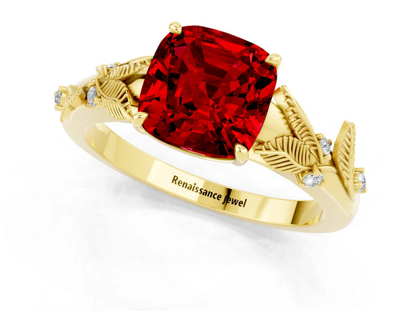 Yellow gold Cushion Cut Ruby Solitaire Ring with Leaf Motif Band and Four-Prong Setting