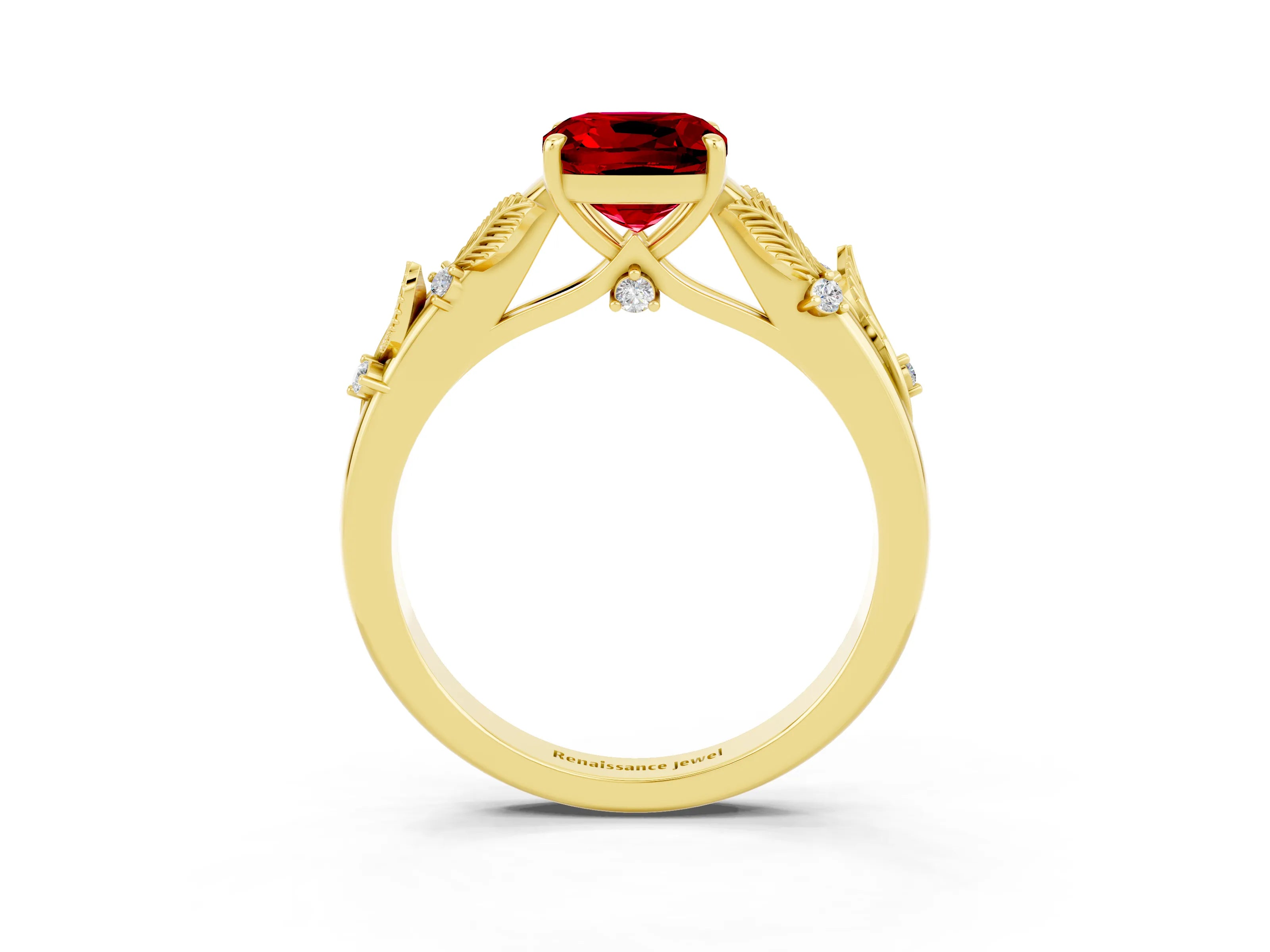 Yellow gold Cushion Cut Ruby Solitaire Ring with Leaf Motif Band and Four-Prong Setting_3