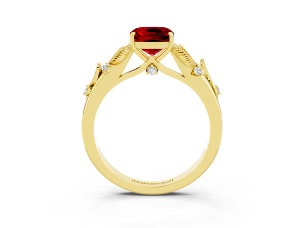 Yellow gold Cushion Cut Ruby Solitaire Ring with Leaf Motif Band and Four-Prong Setting