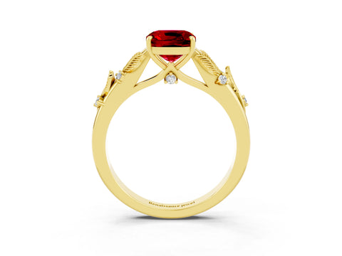 Yellow gold Cushion Cut Ruby Solitaire Ring with Leaf Motif Band and Four-Prong Setting_3