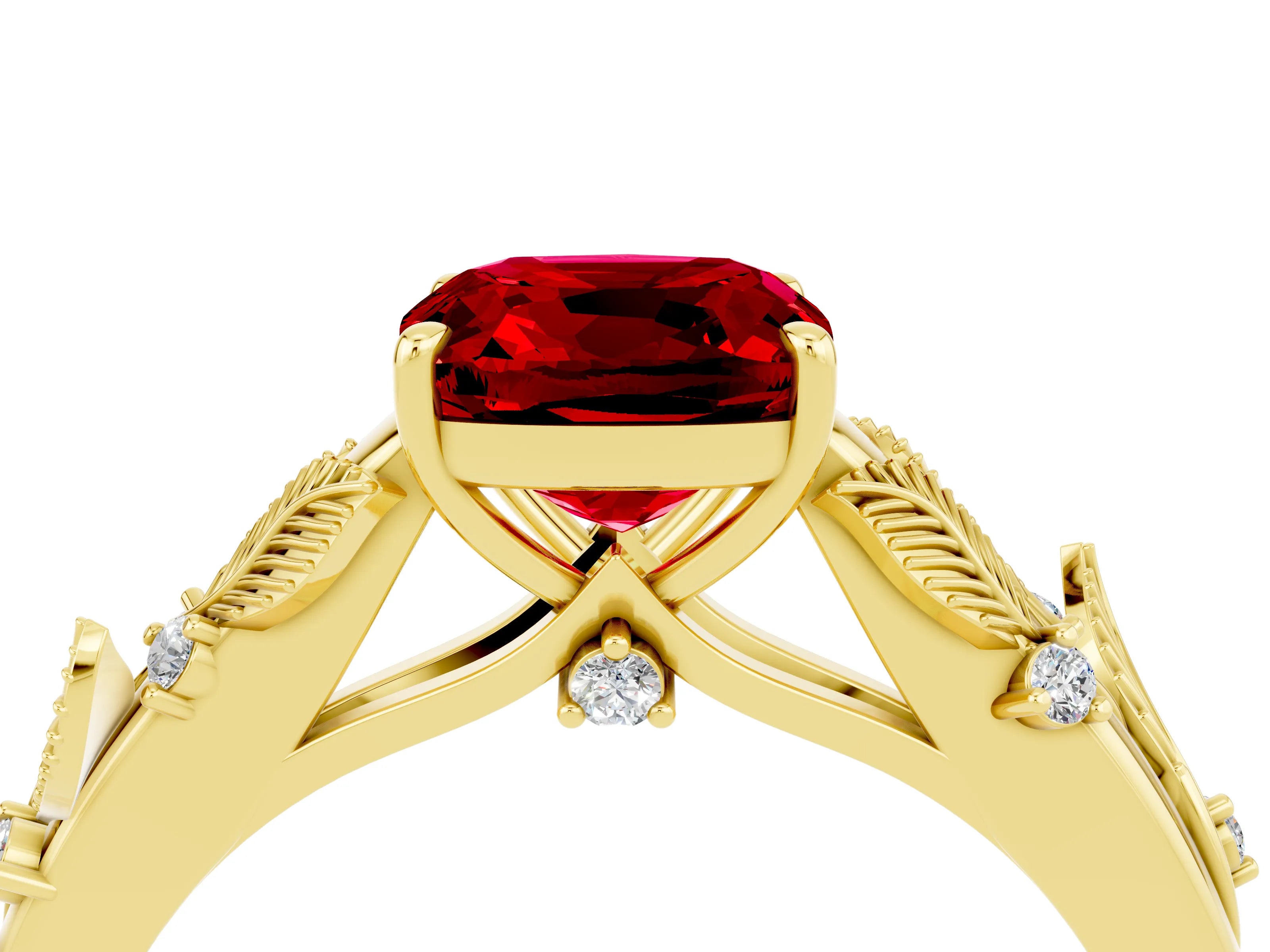 Yellow gold Cushion Cut Ruby Solitaire Ring with Leaf Motif Band and Four-Prong Setting_4