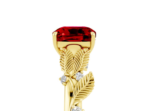 Yellow gold Cushion Cut Ruby Solitaire Ring with Leaf Motif Band and Four-Prong Setting_5