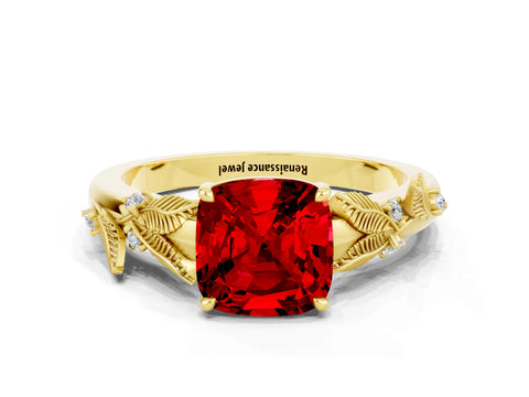 Yellow gold Cushion Cut Ruby Solitaire Ring with Leaf Motif Band and Four-Prong Setting