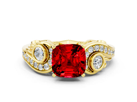 Yellow gold Cushion Cut Ruby Solitaire Ring with Milgrain Pavé Band and Four-Prong Setting_24