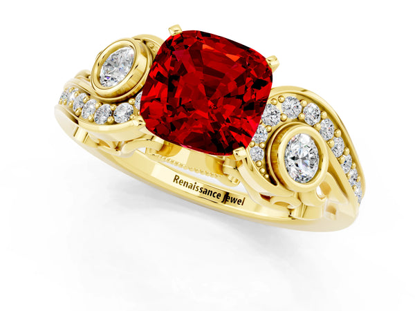 Yellow gold Cushion Cut Ruby Solitaire Ring with Milgrain Pavé Band and Four-Prong Setting