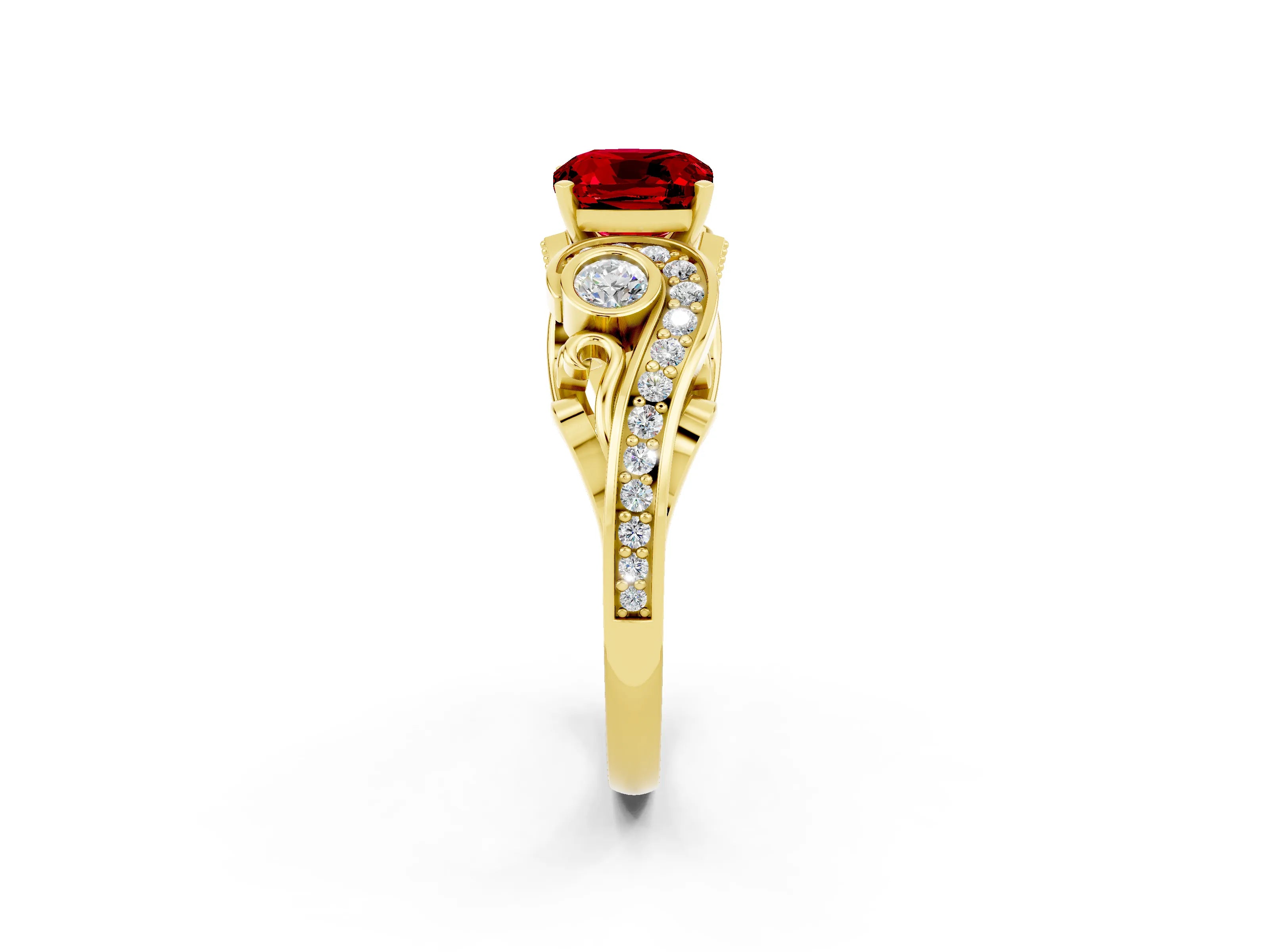 Yellow gold Cushion Cut Ruby Solitaire Ring with Milgrain Pavé Band and Four-Prong Setting_26
