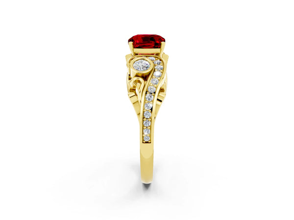 Yellow gold Cushion Cut Ruby Solitaire Ring with Milgrain Pavé Band and Four-Prong Setting