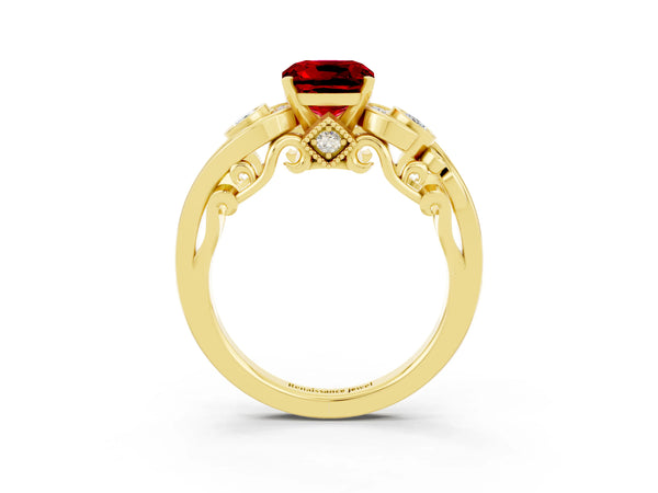 Yellow gold Cushion Cut Ruby Solitaire Ring with Milgrain Pavé Band and Four-Prong Setting
