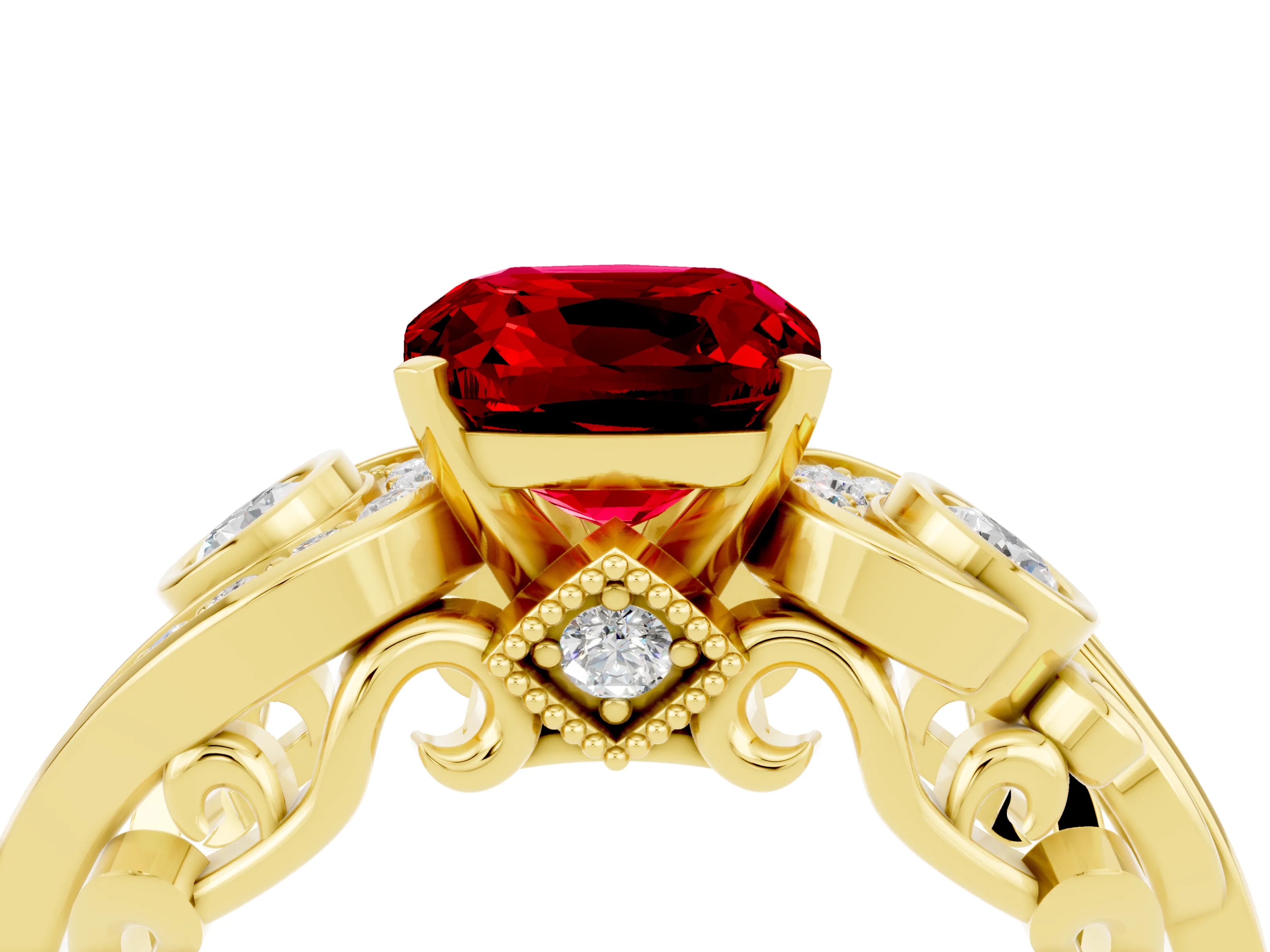 Yellow gold Cushion Cut Ruby Solitaire Ring with Milgrain Pavé Band and Four-Prong Setting_28