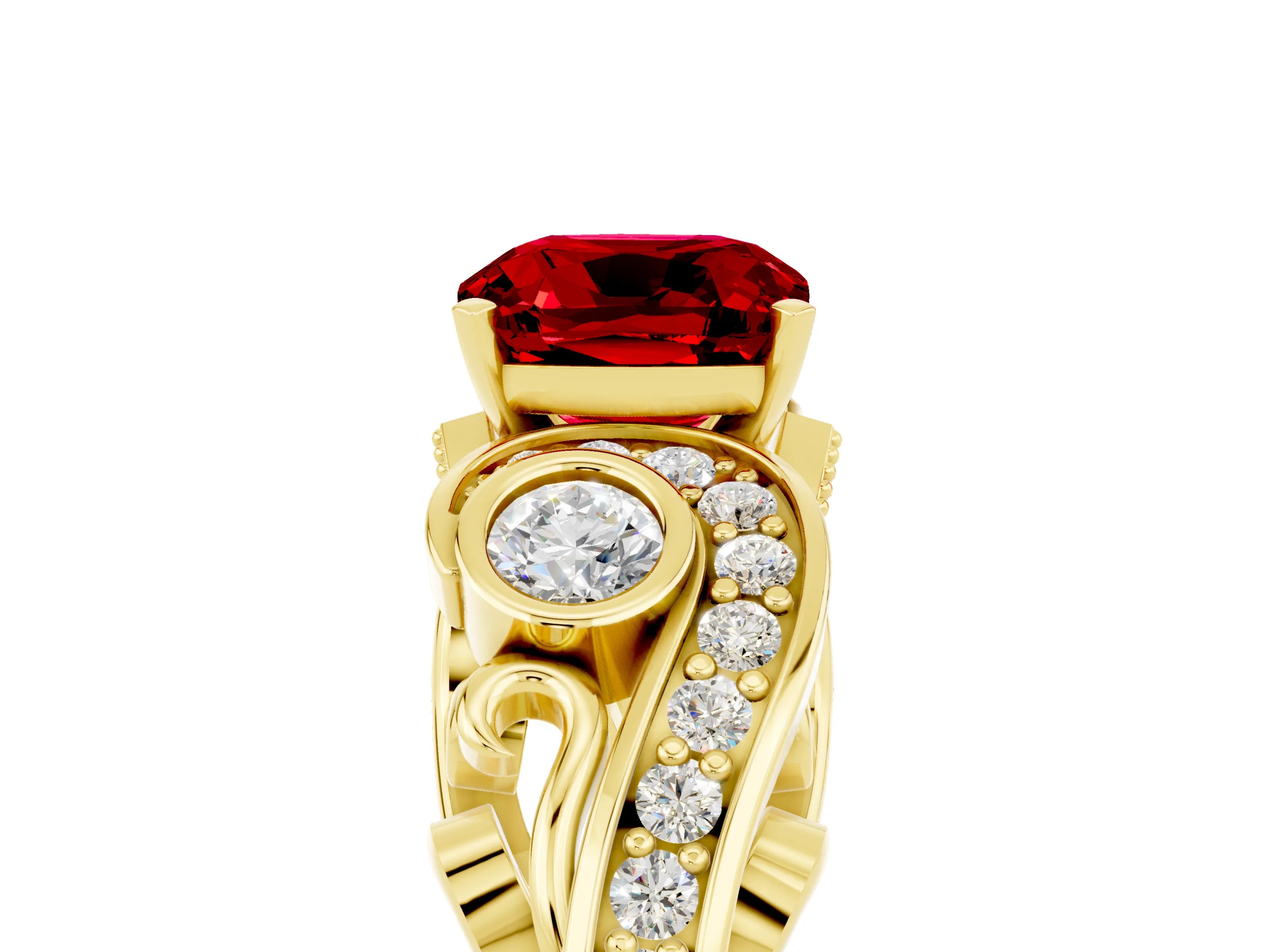 Yellow gold Cushion Cut Ruby Solitaire Ring with Milgrain Pavé Band and Four-Prong Setting_29