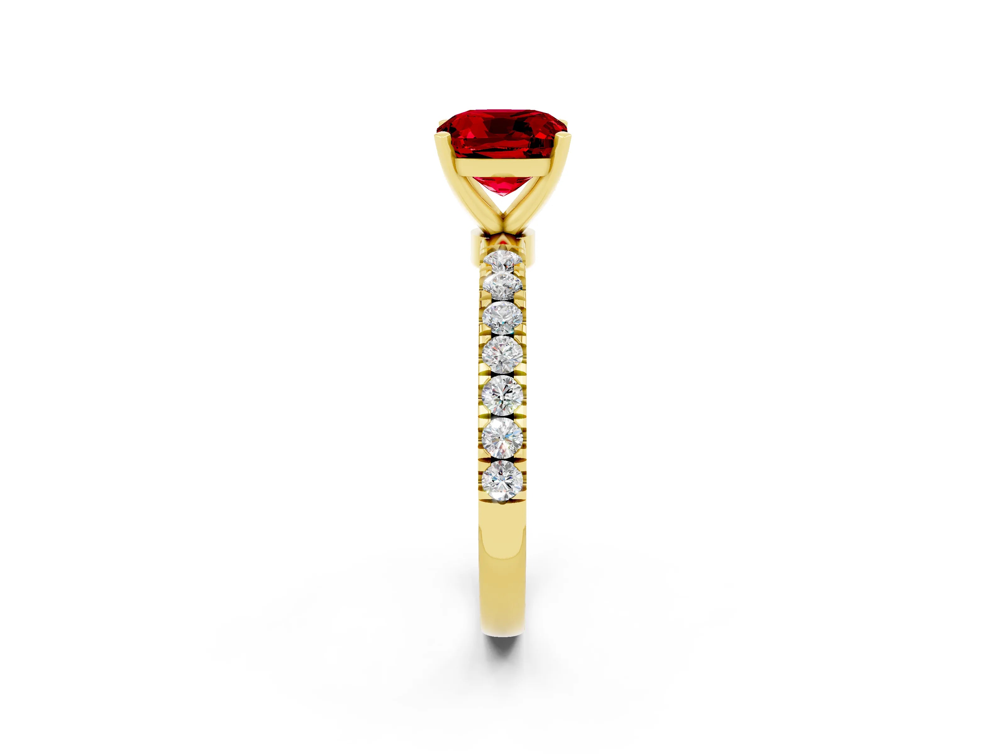 Yellow gold Cushion Cut Ruby Solitaire Ring with Pavé Accents and Four-Prong Setting_2