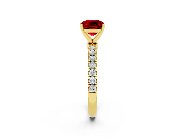 Yellow gold Cushion Cut Ruby Solitaire Ring with Pavé Accents and Four-Prong Setting
