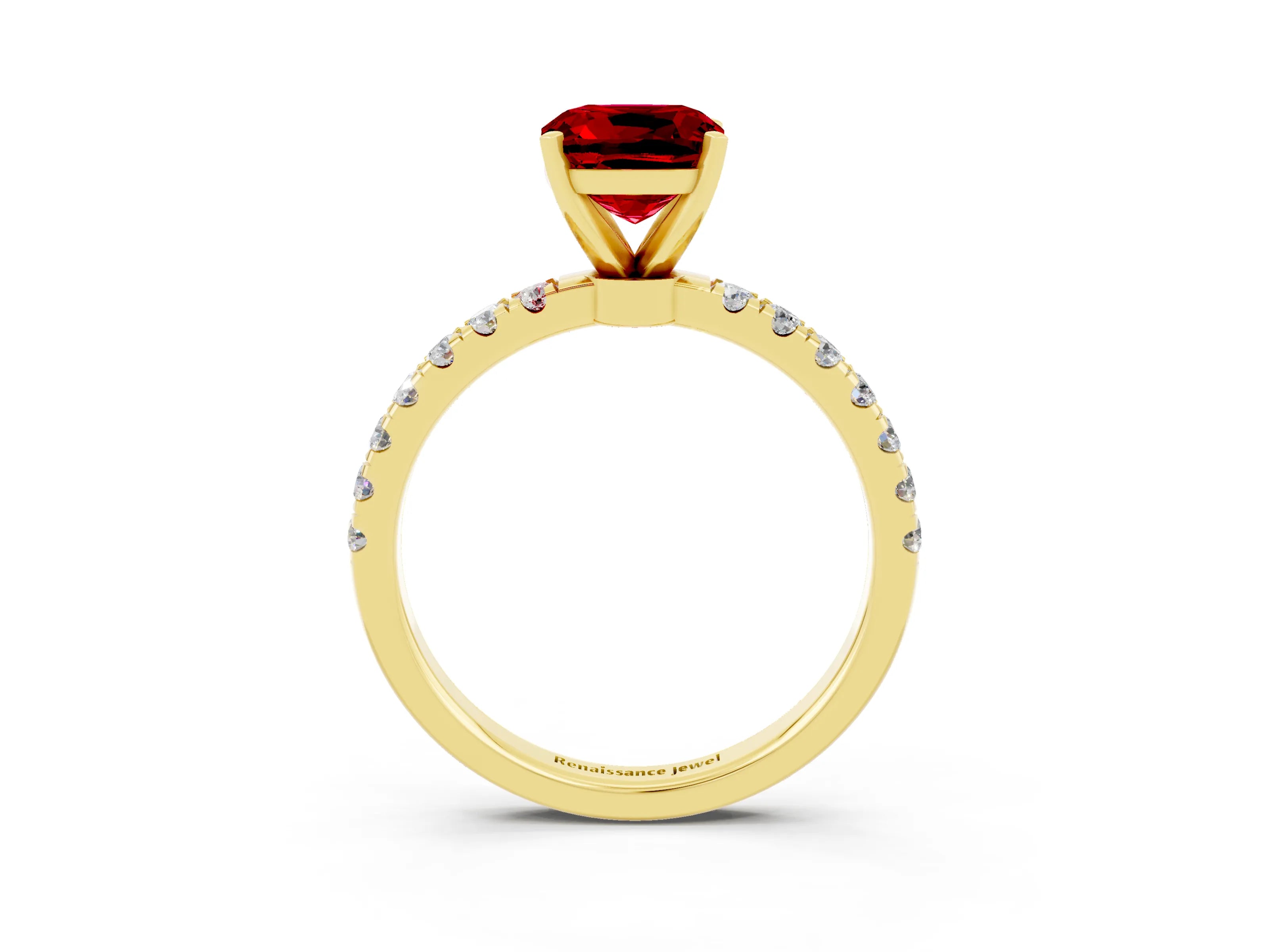 Yellow gold Cushion Cut Ruby Solitaire Ring with Pavé Accents and Four-Prong Setting_3