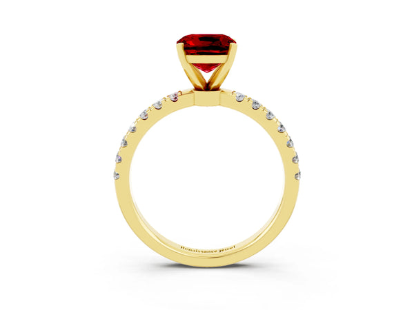 Yellow gold Cushion Cut Ruby Solitaire Ring with Pavé Accents and Four-Prong Setting