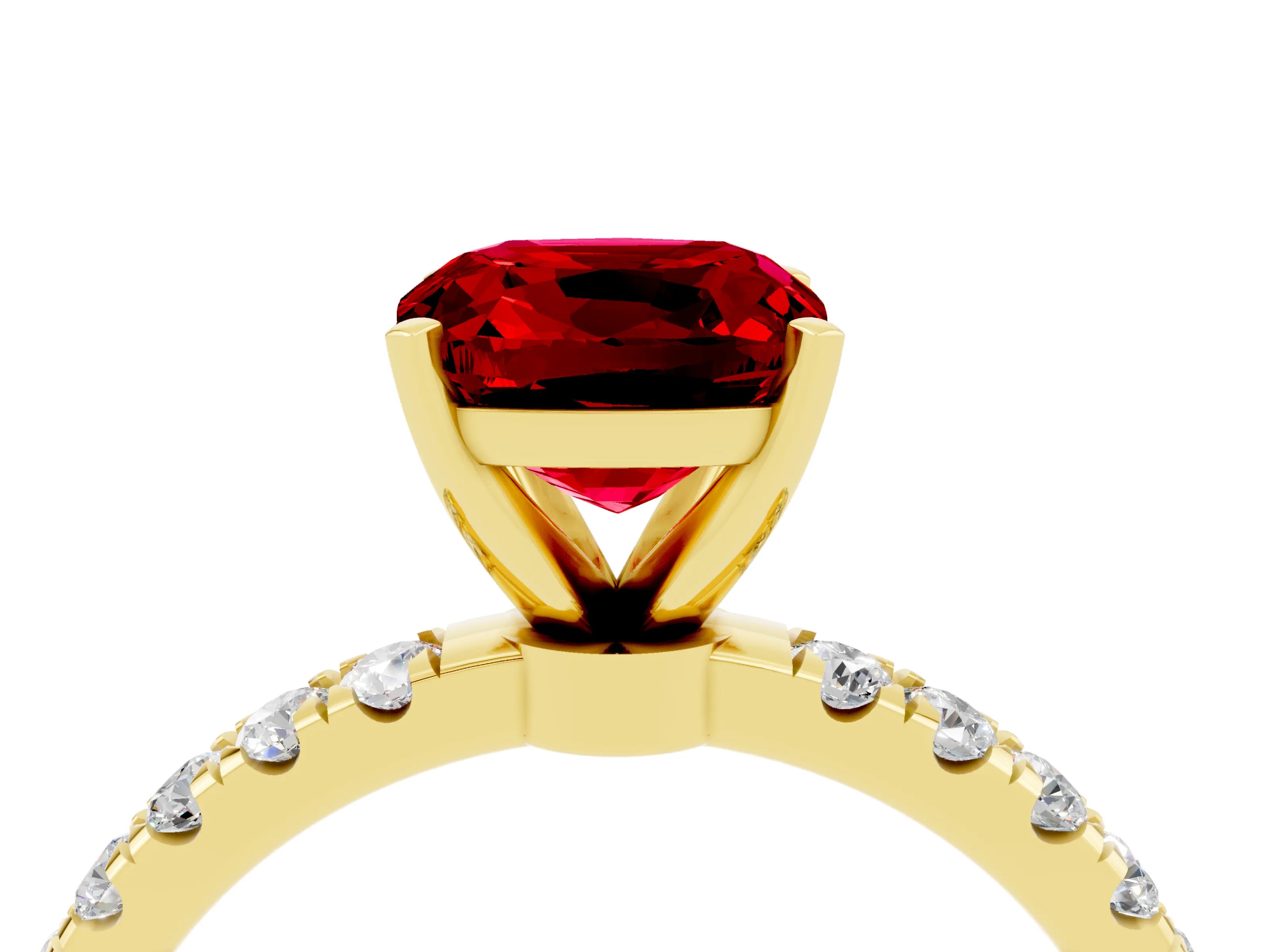 Yellow gold Cushion Cut Ruby Solitaire Ring with Pavé Accents and Four-Prong Setting_4