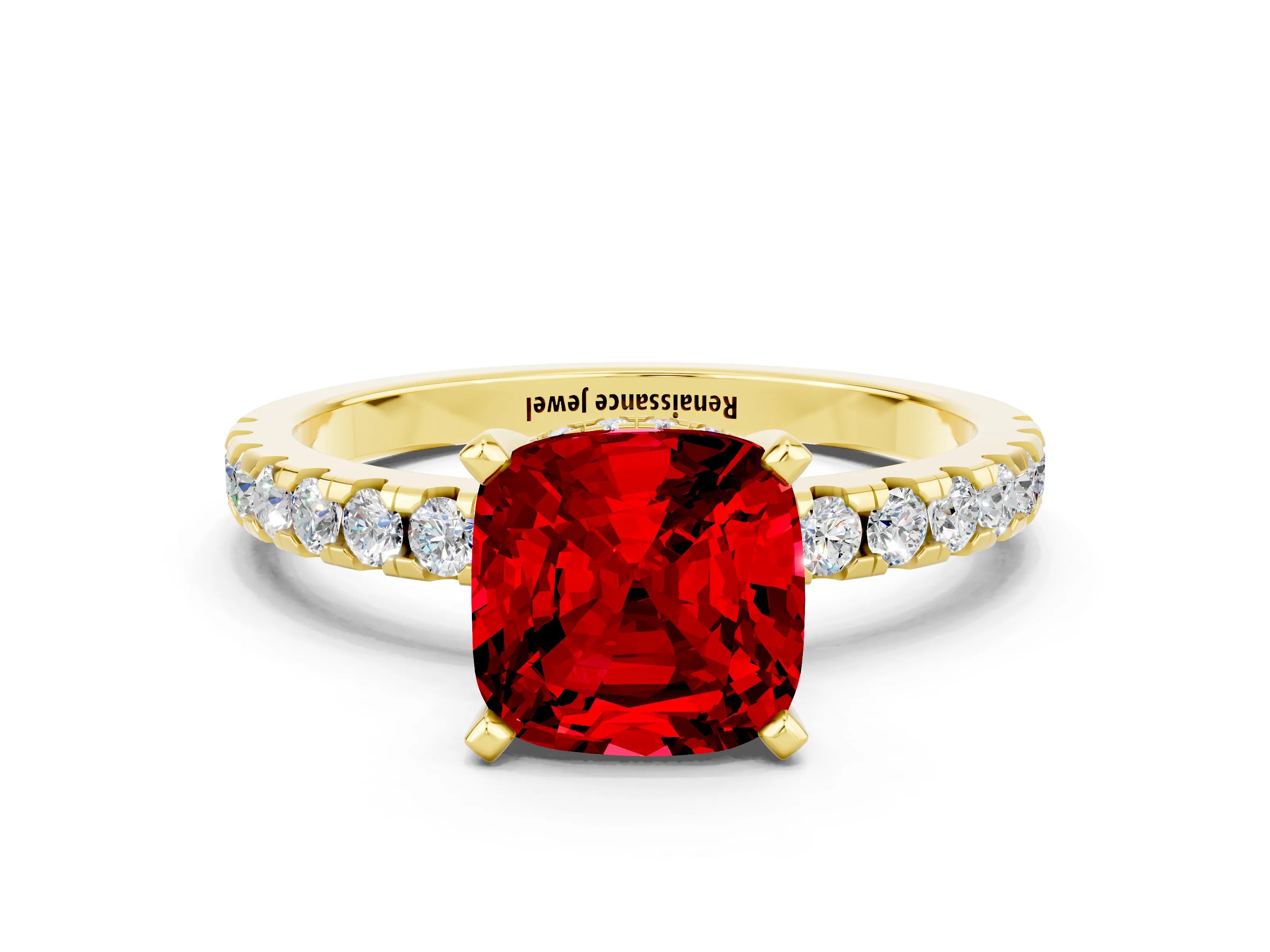 Yellow gold Cushion Cut Ruby Solitaire Ring with Pavé Band and Four-Prong Setting_24