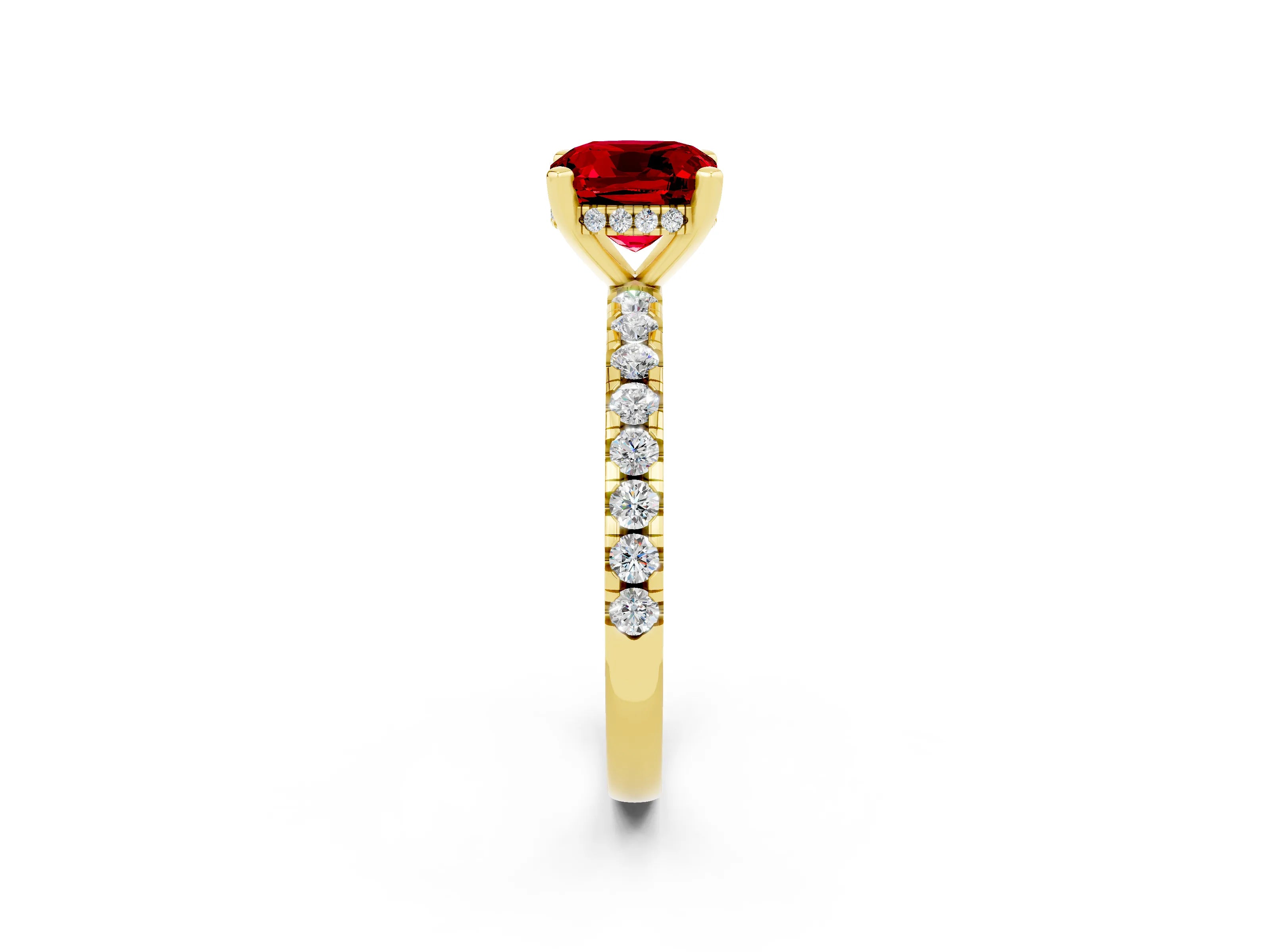 Yellow gold Cushion Cut Ruby Solitaire Ring with Pavé Band and Four-Prong Setting_26