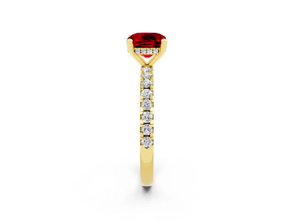 Yellow gold Cushion Cut Ruby Solitaire Ring with Round  Pavé Band and Four-Prong Setting