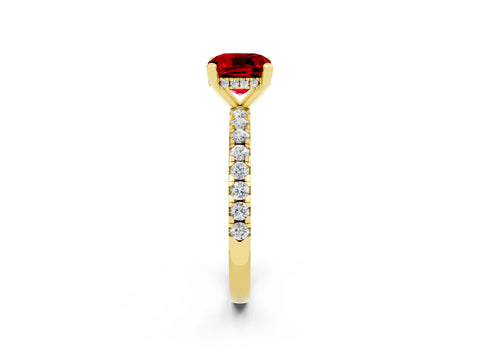 Yellow gold Cushion Cut Ruby Solitaire Ring with Pavé Band and Four-Prong Setting_26
