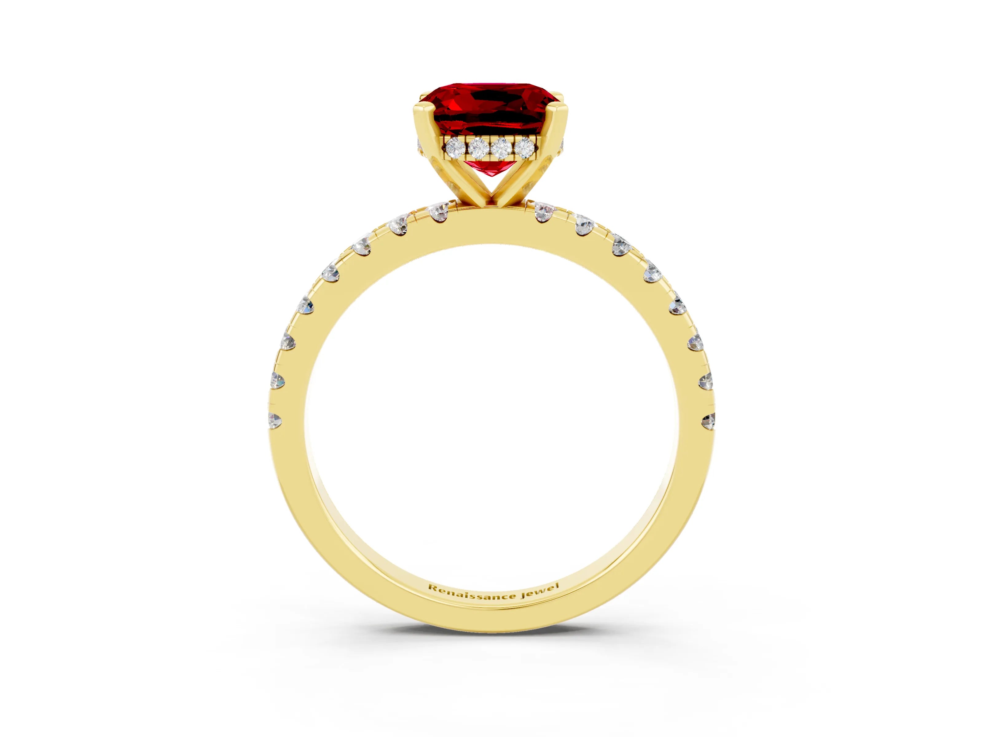 Yellow gold Cushion Cut Ruby Solitaire Ring with Pavé Band and Four-Prong Setting_27