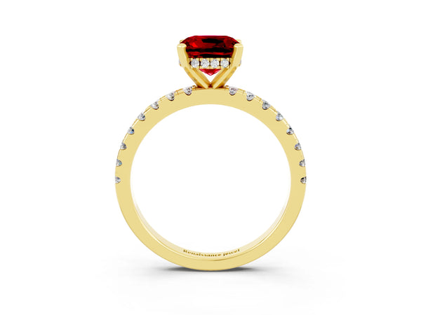 Yellow gold Cushion Cut Ruby Solitaire Ring with Round  Pavé Band and Four-Prong Setting
