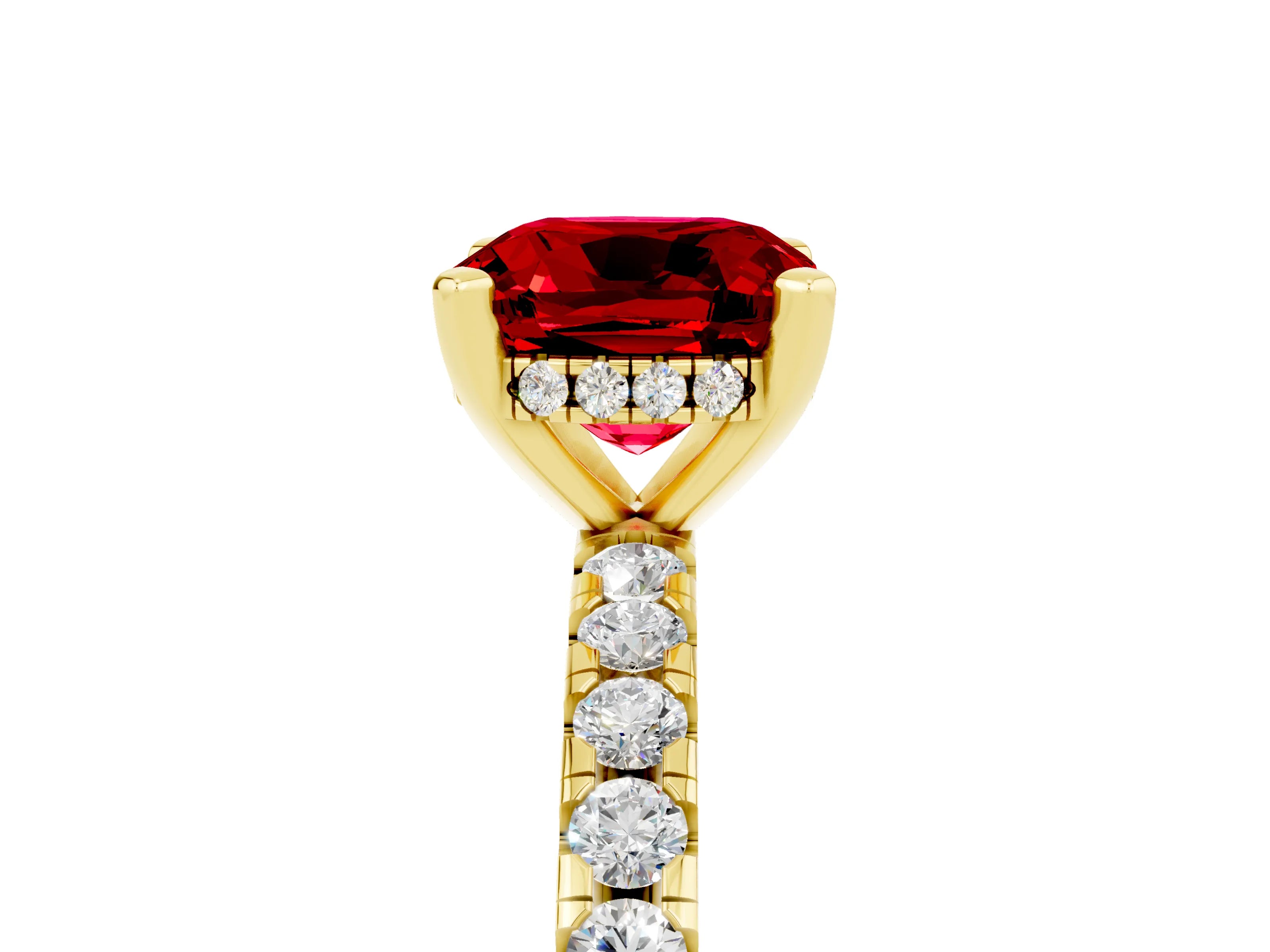 Yellow gold Cushion Cut Ruby Solitaire Ring with Pavé Band and Four-Prong Setting_29