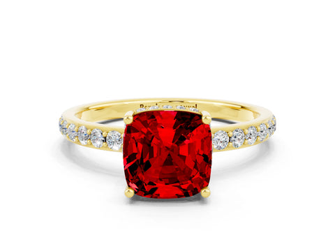 Yellow gold Cushion Cut Ruby Solitaire Ring with Pavé Band and Hidden Halo_12