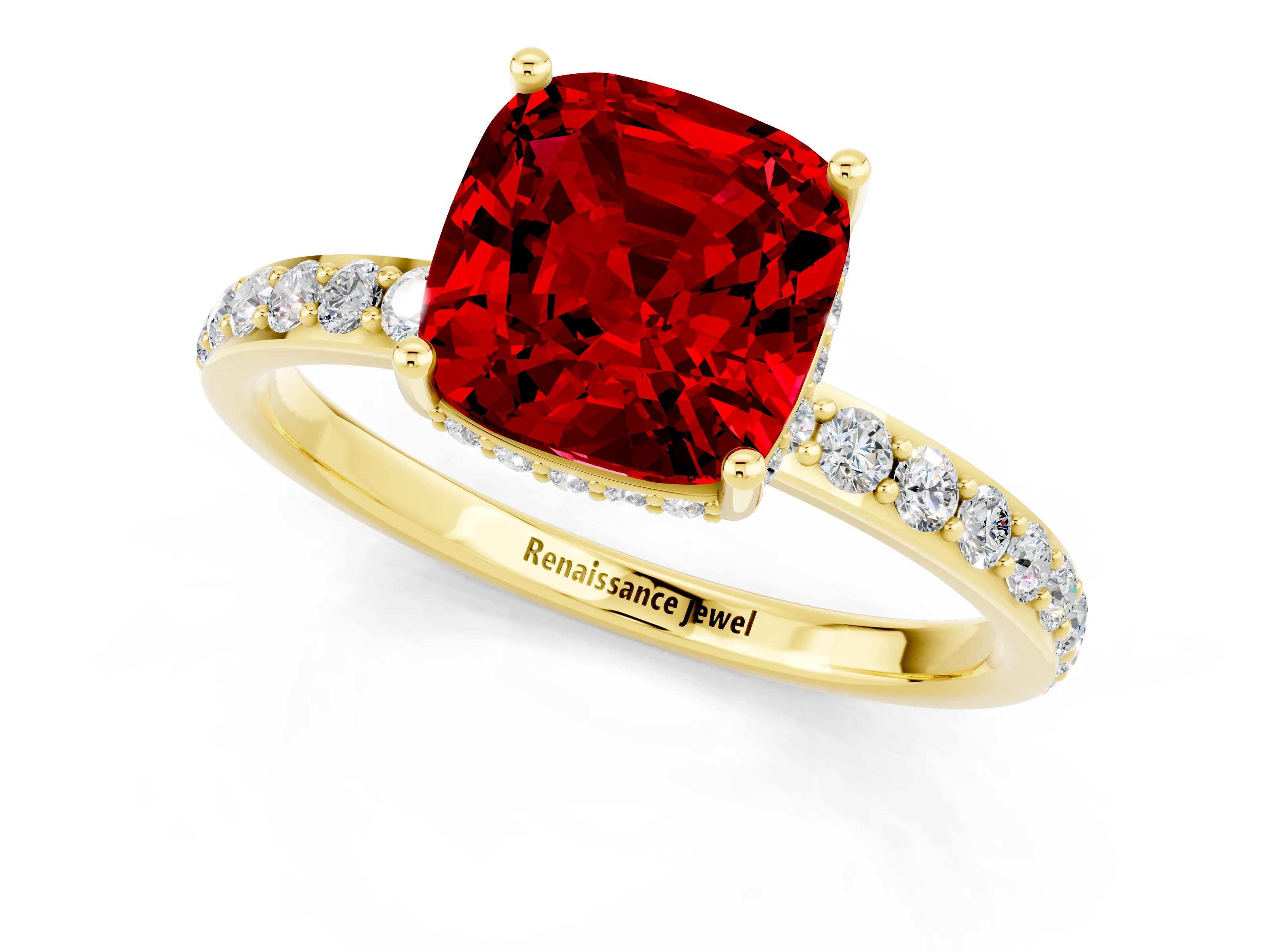 Yellow gold Cushion Cut Ruby Solitaire Ring with Pavé Band and Hidden Halo_13