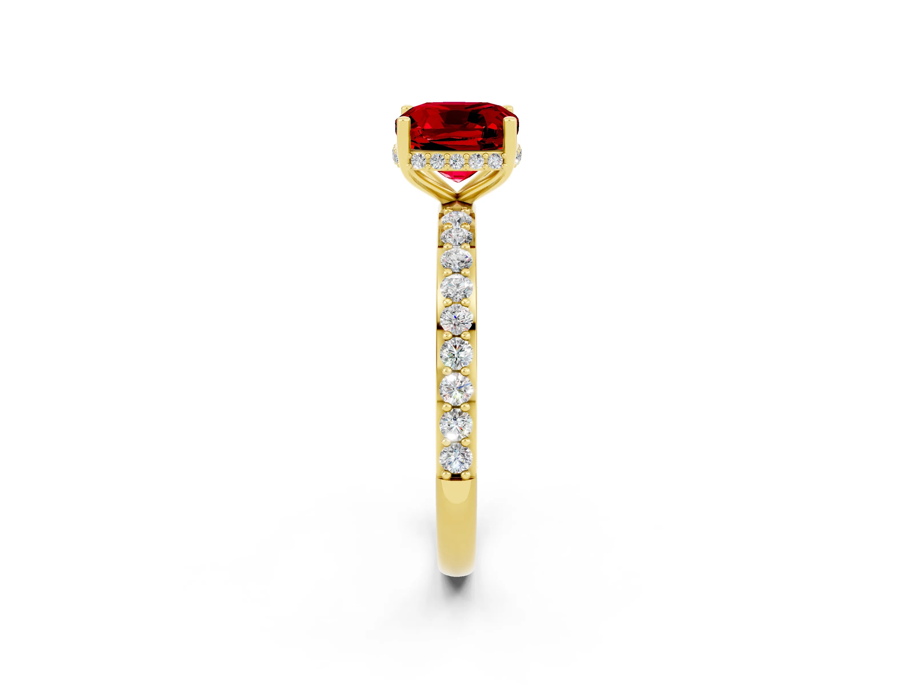 Yellow gold Cushion Cut Ruby Solitaire Ring with Pavé Band and Hidden Halo_14