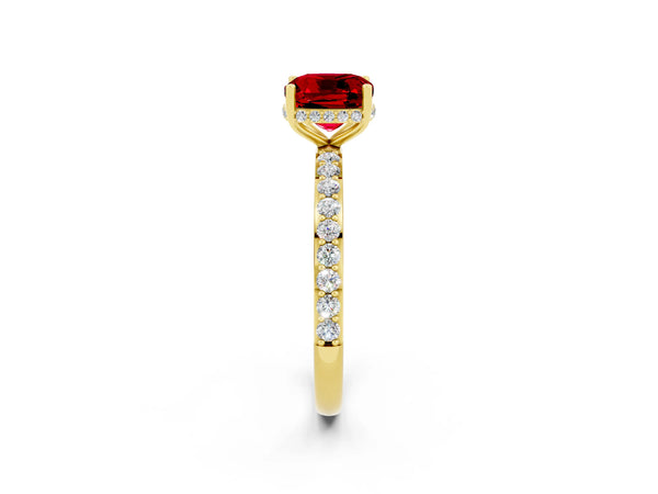 Yellow gold Cushion Cut Ruby Solitaire Ring with Pavé Band and Hidden Halo