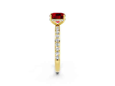 Yellow gold Cushion Cut Ruby Solitaire Ring with Pavé Band and Hidden Halo_14