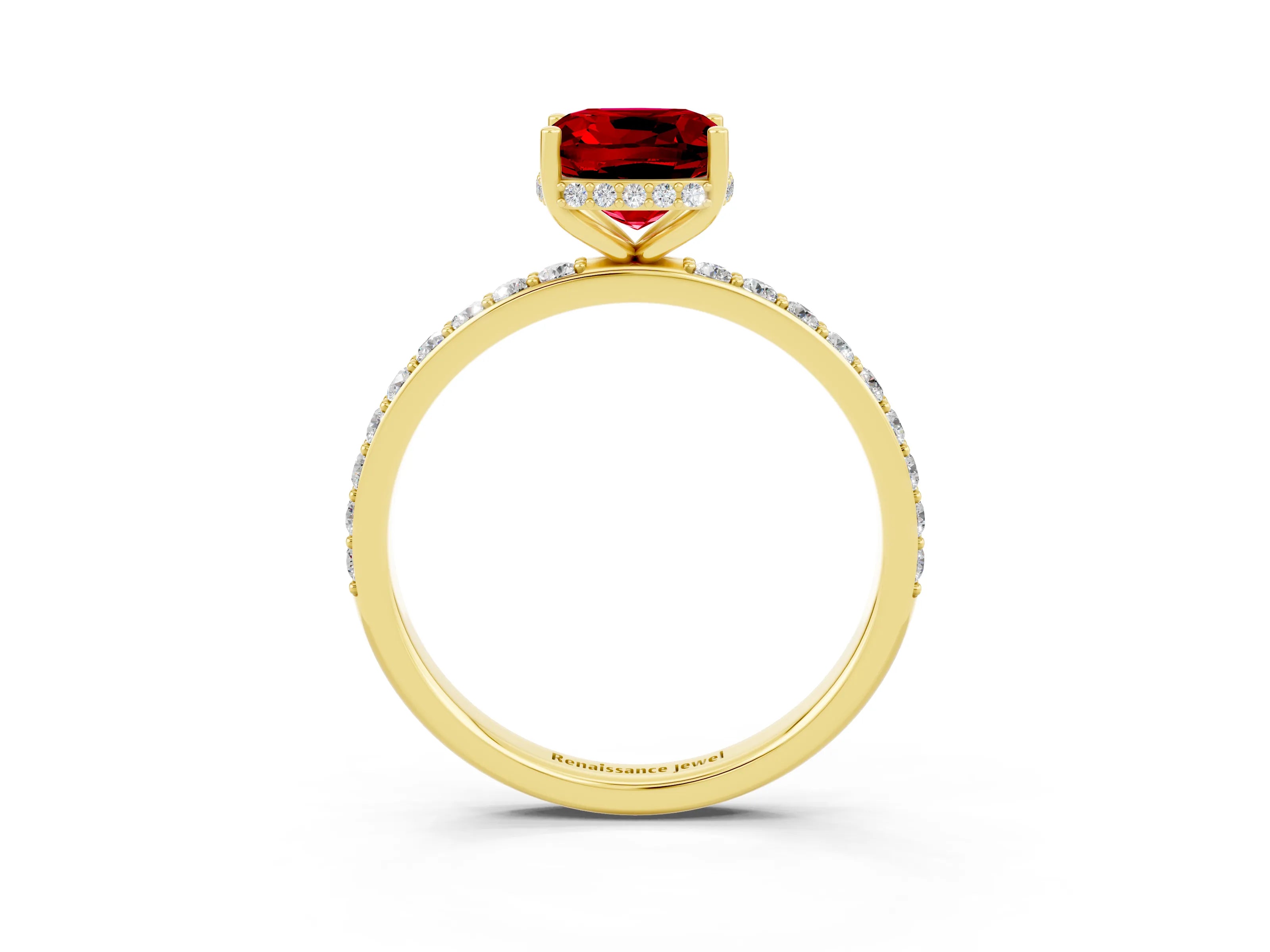 Yellow gold Cushion Cut Ruby Solitaire Ring with Pavé Band and Hidden Halo_15