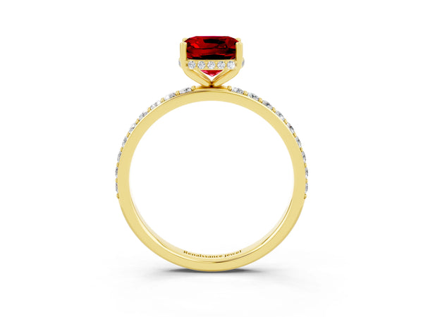 Yellow gold Cushion Cut Ruby Solitaire Ring with Pavé Band and Hidden Halo