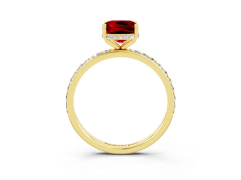 Yellow gold Cushion Cut Ruby Solitaire Ring with Pavé Band and Hidden Halo_15