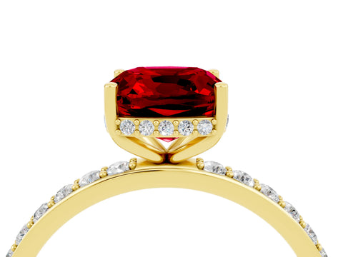Yellow gold Cushion Cut Ruby Solitaire Ring with Pavé Band and Hidden Halo_16
