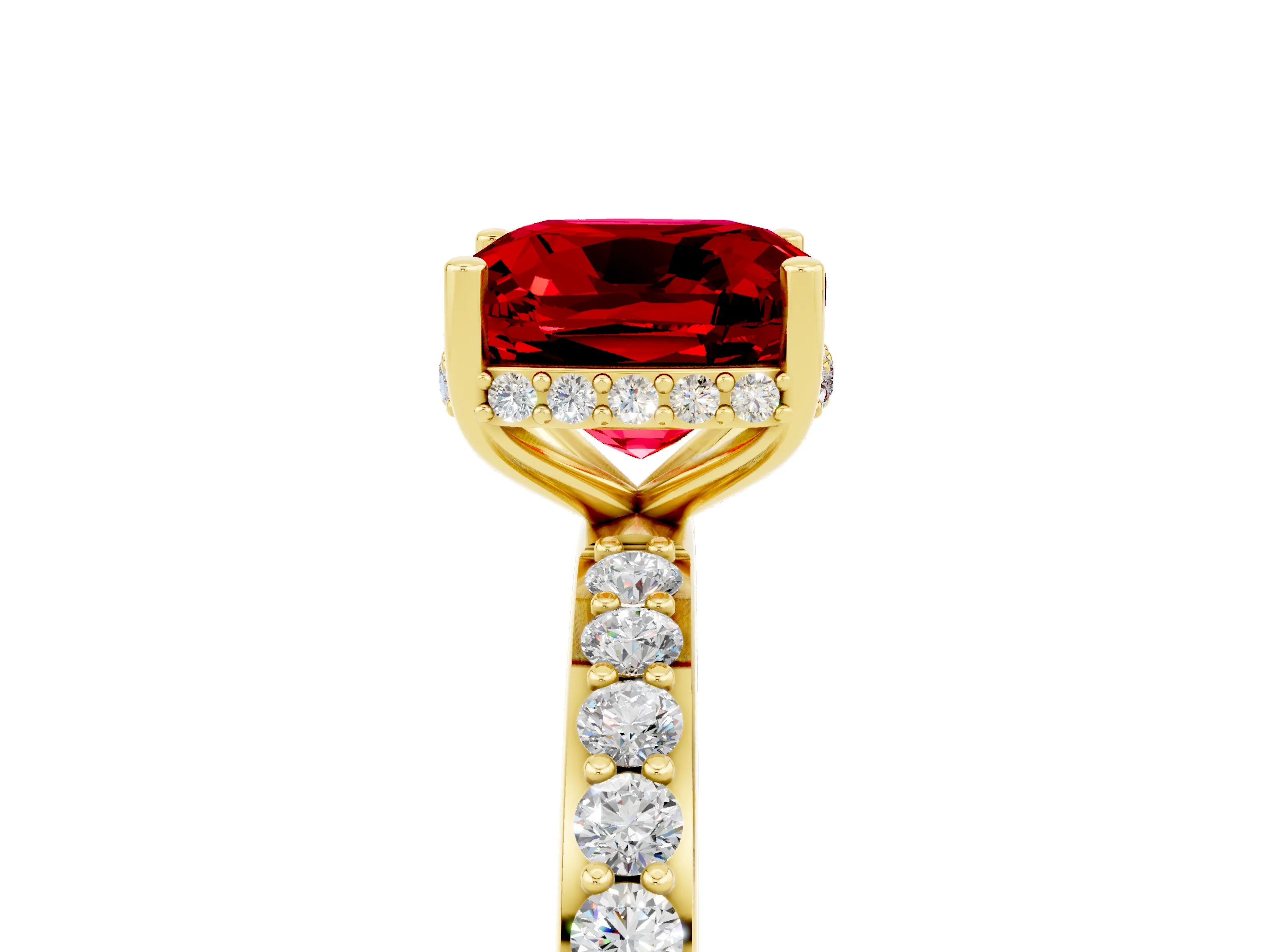Yellow gold Cushion Cut Ruby Solitaire Ring with Pavé Band and Hidden Halo_17