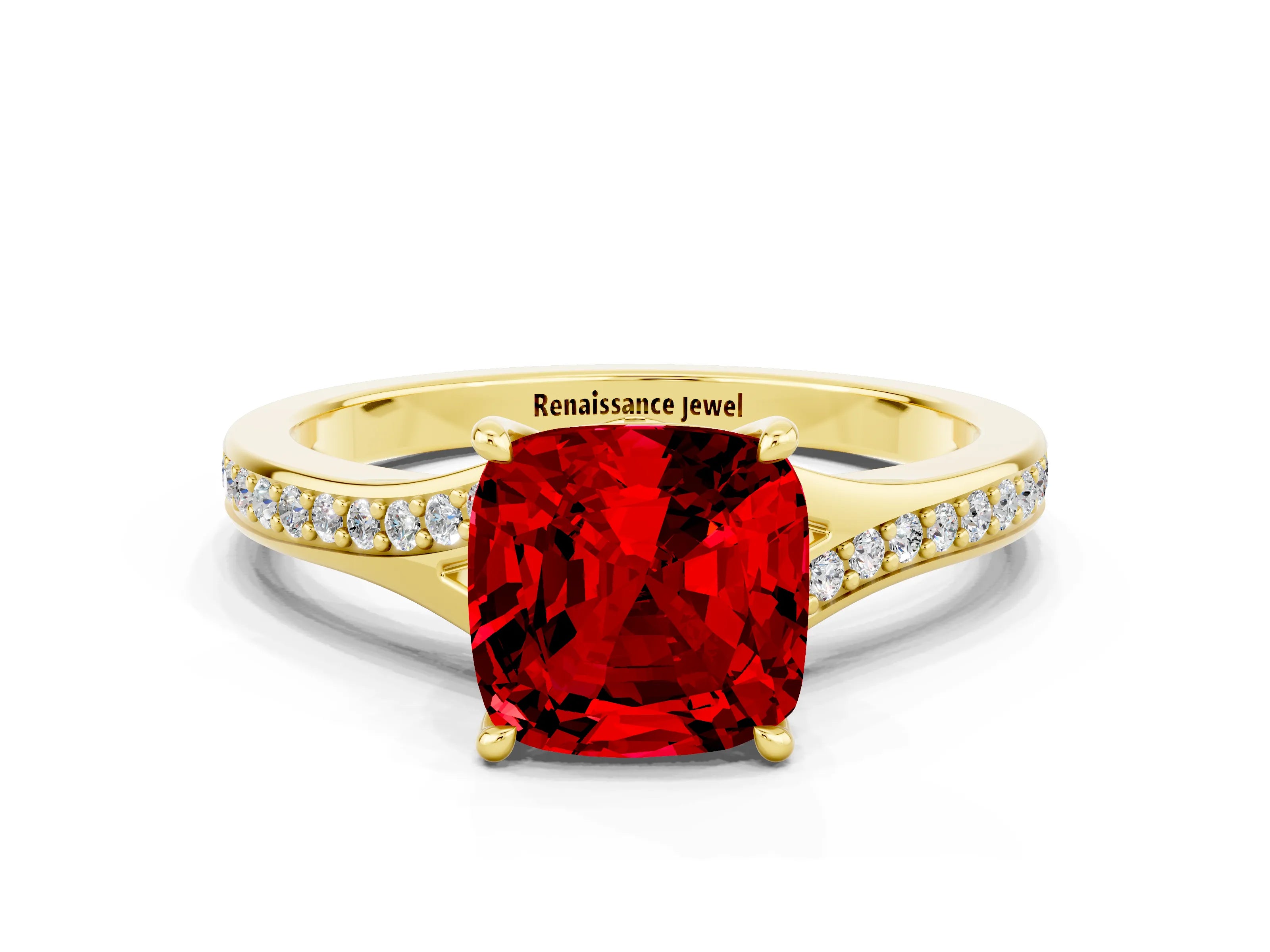 Yellow gold Cushion Cut Ruby Solitaire Ring with Pavé Band and Prong Setting