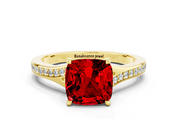 Yellow gold Cushion Cut Ruby Solitaire Ring with Pavé Band and Prong Setting